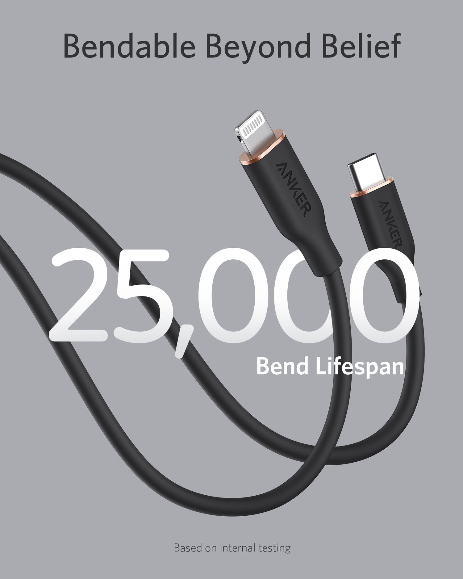 Anker cable with 'Bendable Beyond Belief' text and '25,000 Bend Lifespan' on a gray background